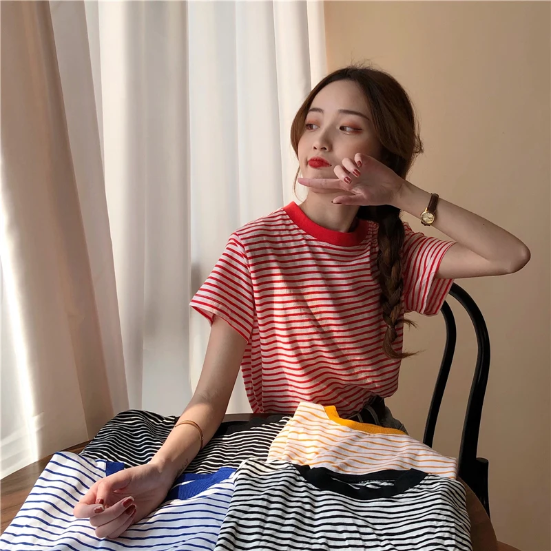 Classic Striped Vintage Short Sleeve College Wind Fashion Basic Sweet O-neck 2021 New Women Female Top T-shirts