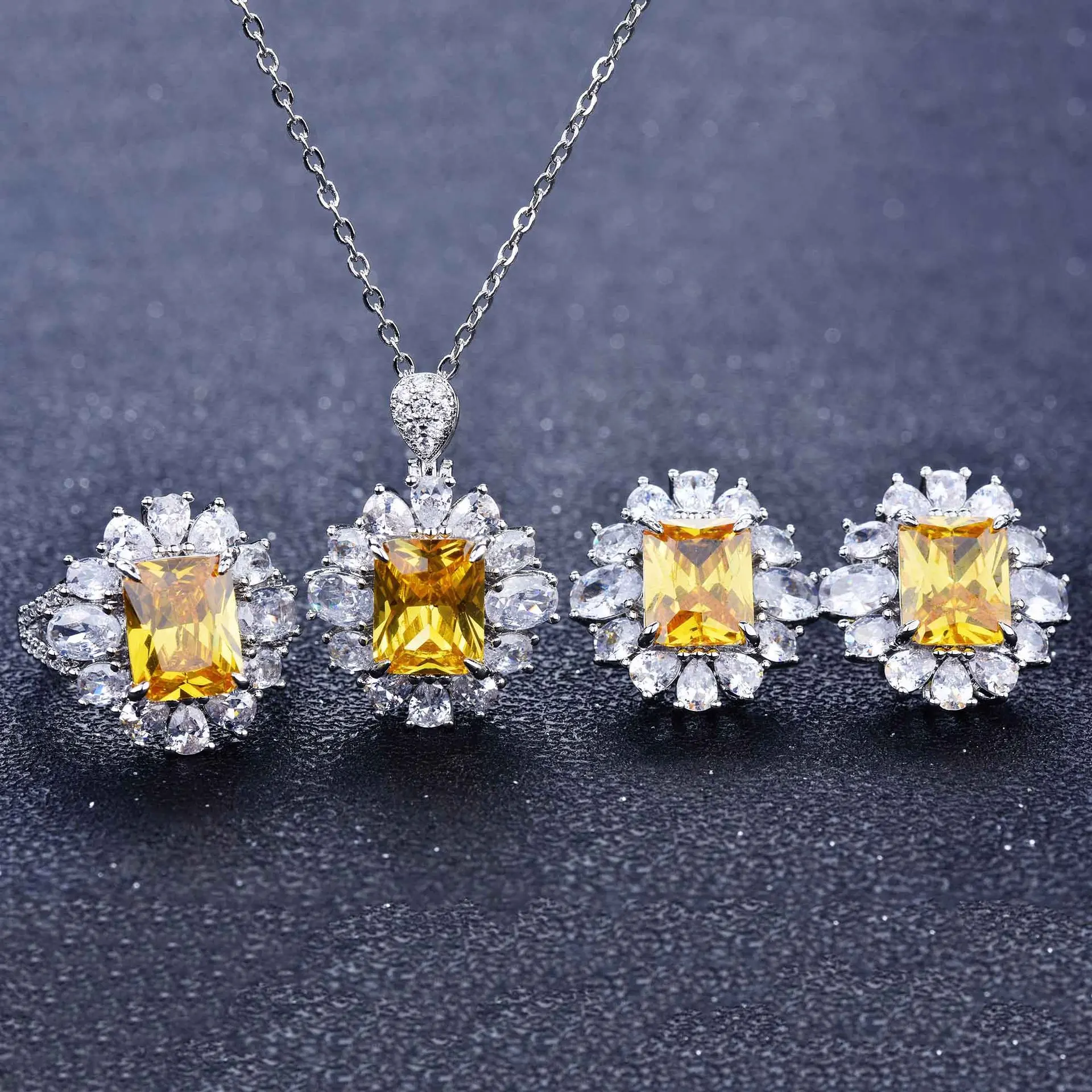 

QTT Brilliant Silver Color Flower Jewelry Set Delicate Rectangle Crystal Pendant Necklaces Stud Earrings Ring Bridal Sets