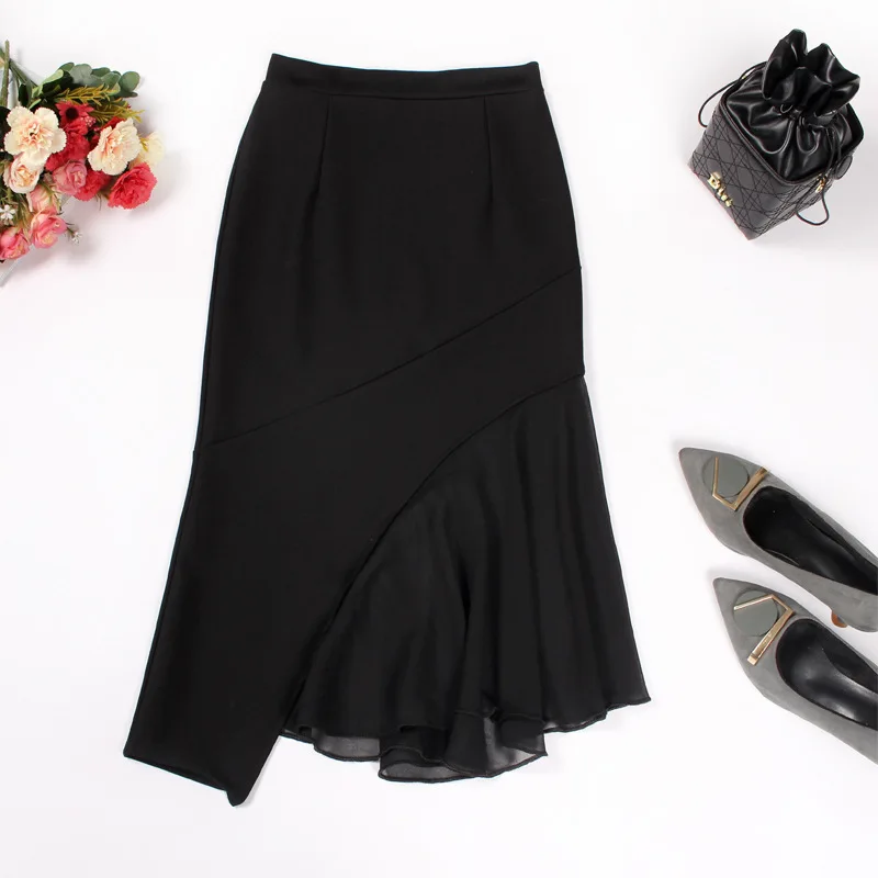 

Elegant Irregular Ruffle Hip Skirt Women's High Waist Fishtail Summer Black Skirt Women