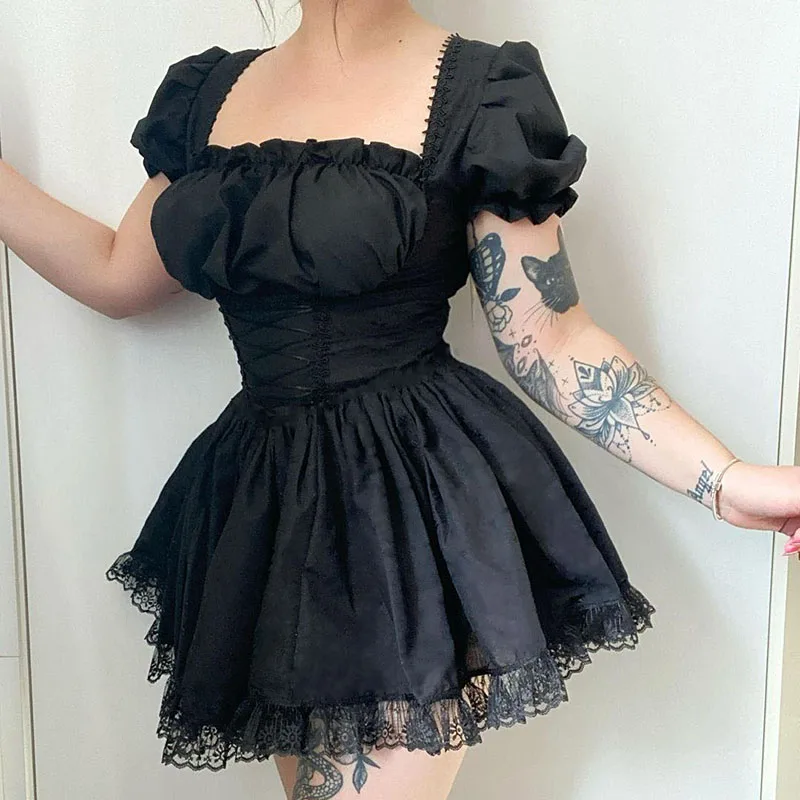 

Y2K Gothic Black Princess Mini Dress 90s Vintage High Waist Lace Up Corset Puff Sleeve A-line Dress Kawaii Girl Women Streetwear
