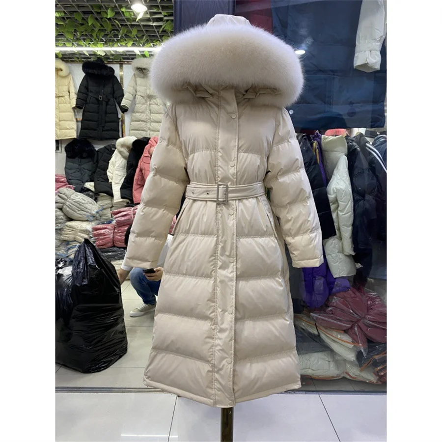 

New Fashion Slim Winter Jacket Women Coat 90% White duck down Real Fox Fur Casual Outdoor Black Beige Khaki Female Long Parker