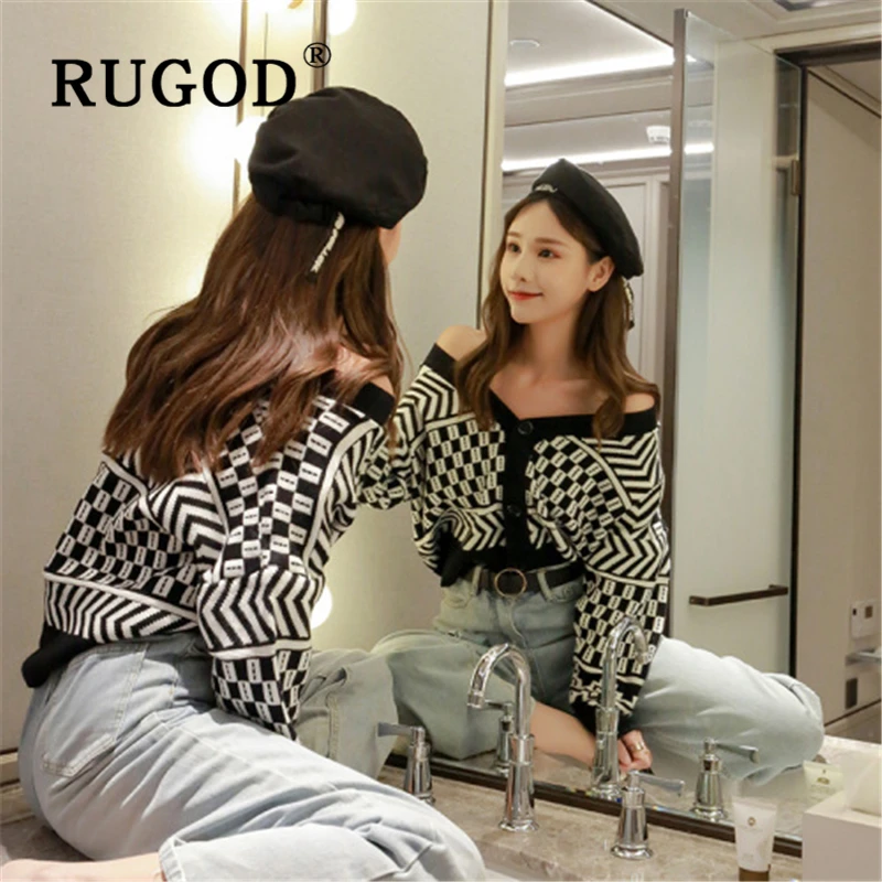 RUGOD Korean ins patchwork cardigan sweater women Fashion single-breasted auturm plaid knitted caridgan female Vintage slim coat |