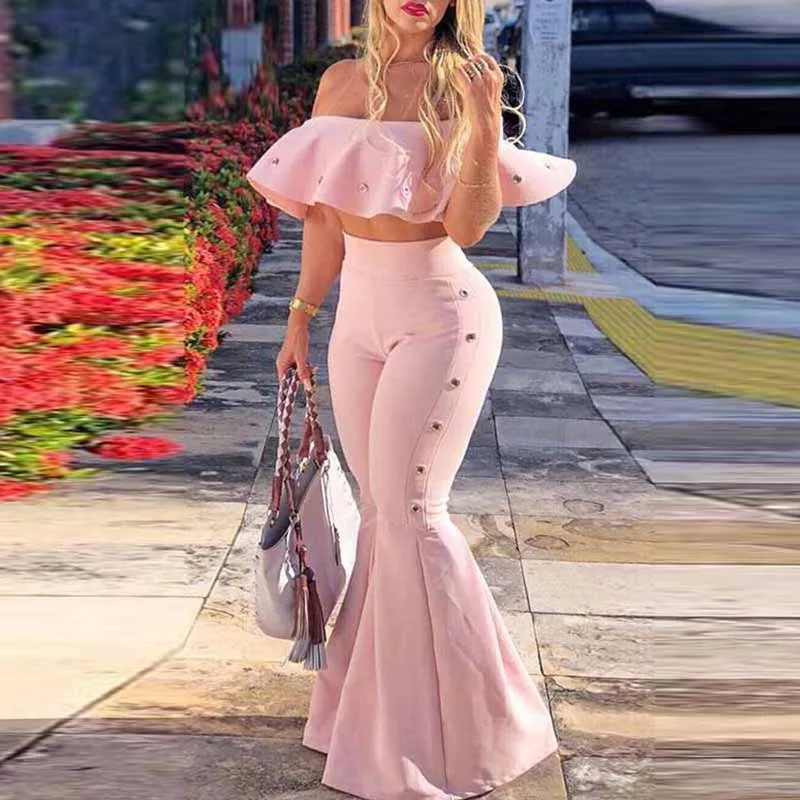 

2021 New Sexy Party Solid Color Set Of Slim Fit One-Word Leaky Shoulder Ruffle Flared Pants Suit Elegant Suit Female