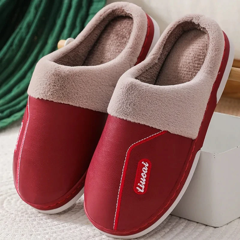 

Red Waterproof Slippers Women Winter Plush Slides Shoes Unisex Keep Warm Flat Home Slipper Woman Soft Comfy Room Scuff Slippers