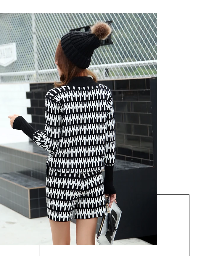 Knitted Women Black White Colors Tracksuits Suits 2020 Autumn Winter Runway Turtleneck Sweaters Tops + Short Pants 2 Pieces Sets | Женская