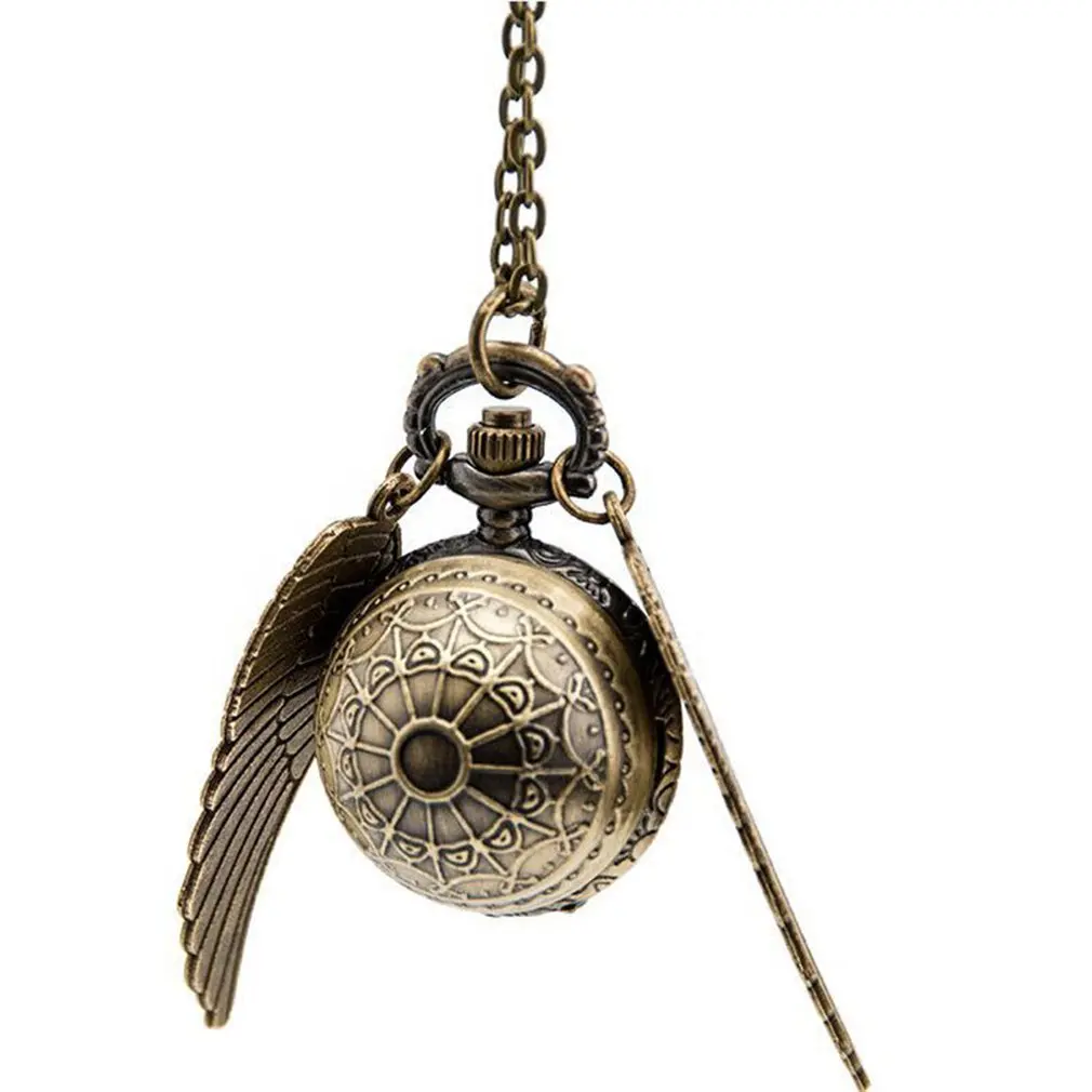 

Elegant Snitch Quartz Watch Charming Vintage Angel Wing Fob Pocket Watch Pendant Clock Necklace Chain for Women