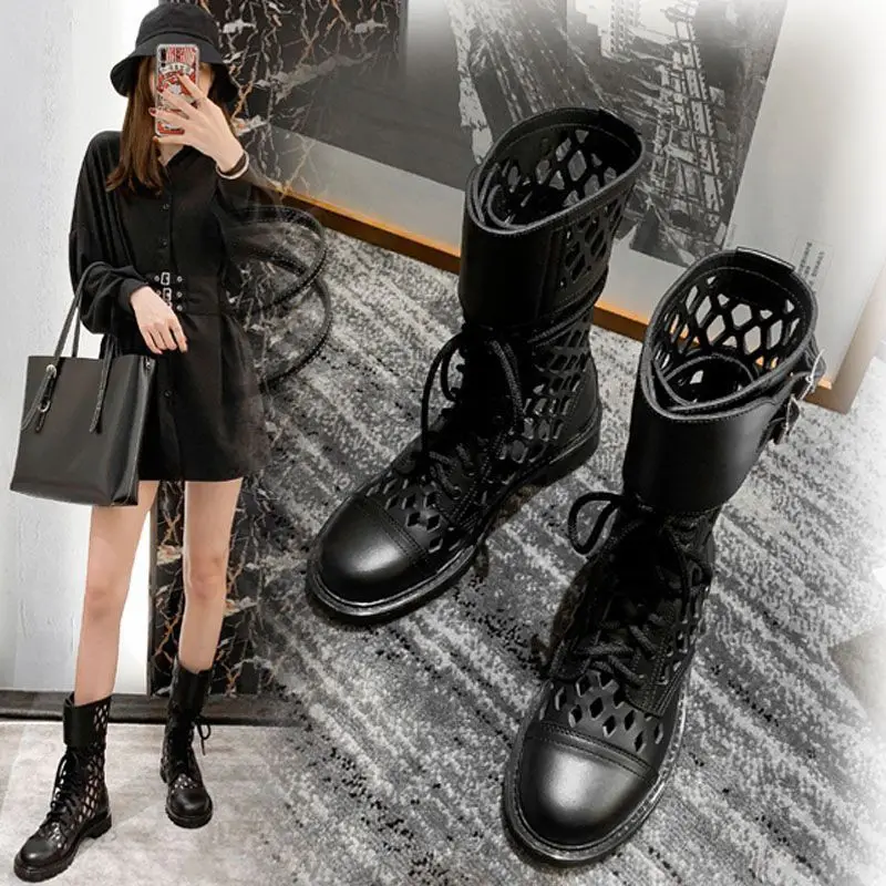 Модные кожаные дышащие ботинки на низком каблуке с круглым носком Летние