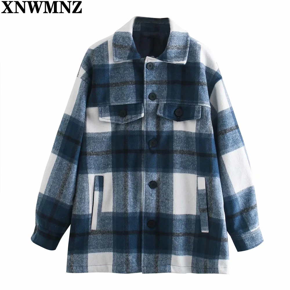 

XNWMNZ Vintage Stylish Pockets Oversized Plaid Jacket Coat Women 2021 Fashion Lapel Collar Long Sleeve Loose Outerwear Chic Tops