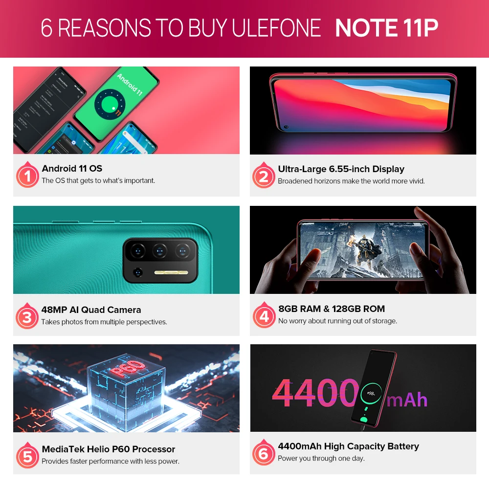 Global Version Ulefone Note 11P 6.55&quot 4G Mobile Phone Android 11 Octa Core Smartphone 8G+128G Cellphone 48MP Rear Camera 4400mAh |