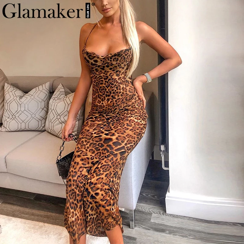 Женское платье с леопардовым принтом Glamaker летнее пляжное макси на шнуровке