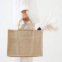 jute woman hand bag cotton hemp jute shopping bag bamboo handle classical shopper bags lady hand tote bags eco friendly bags