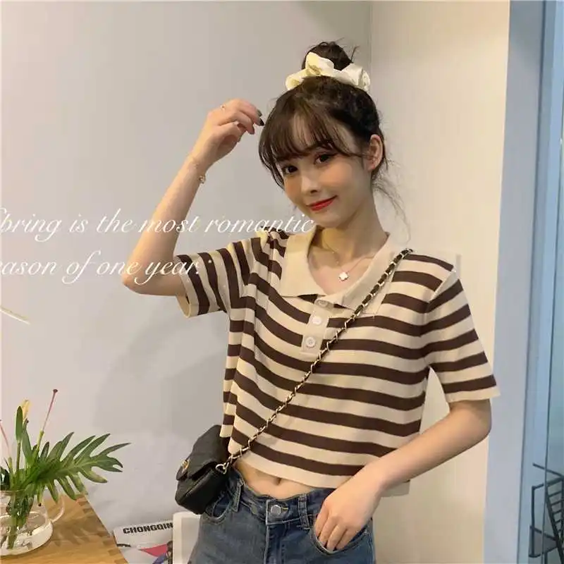 

Ретро Hong Kong Стиль поло воротник домашний костюм с короткими рукавами; Сезон лето; Футболка женская свободного кроя в полоску, штаны и футбол...