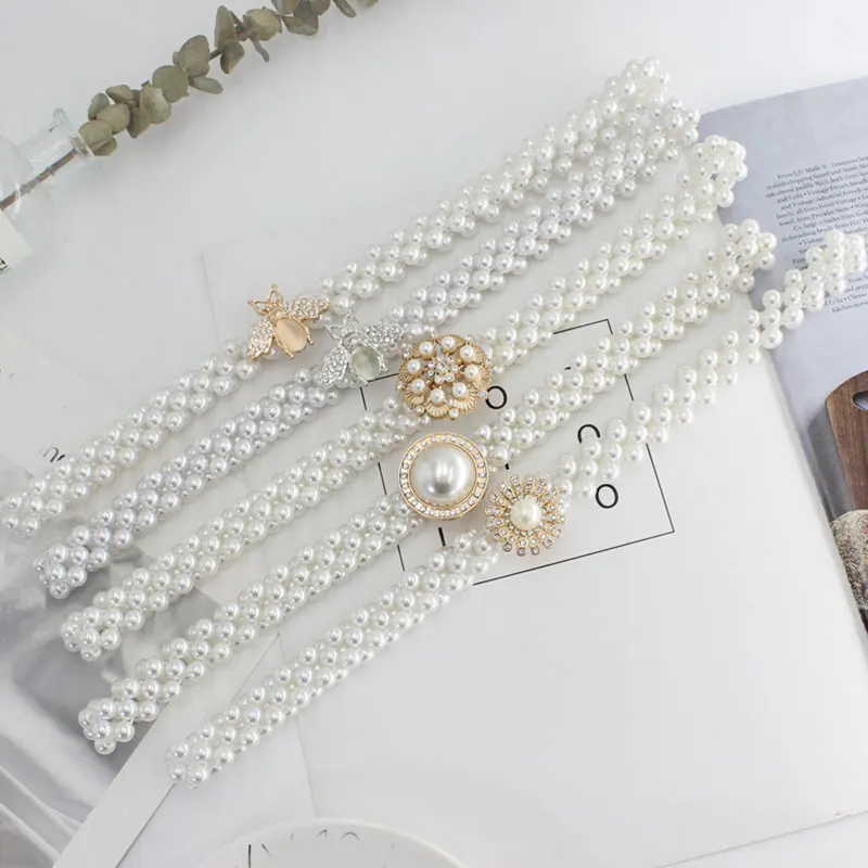 

Stylish Elastic Buckle Waist Belt Dress Decoration Waistbands Temperament Faux Pearl Beaded Girdle Rhinestone Pearls Belt