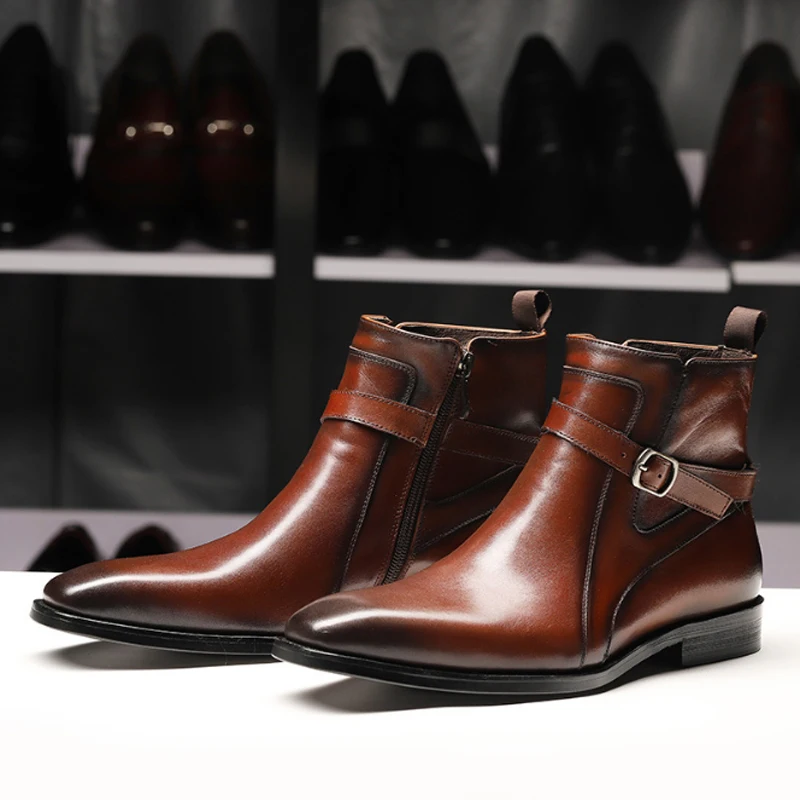 

Ботинки мартинсы мужские зимние, верхний слой из воловьей кожи, винно-красные, деловые уличные спортивные ботинки на молнии, Нескользящие, т...