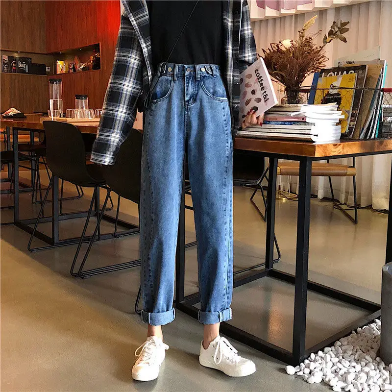 

Jeans female loose students autumn and winter new high waist slim wild wide legs straight long pants tide