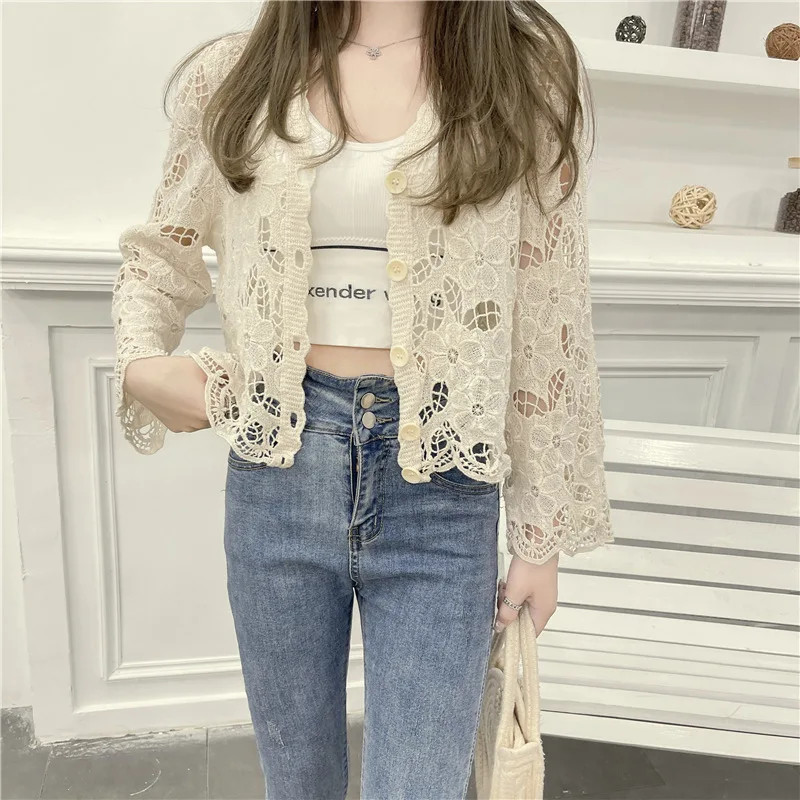

2021 New Elegant Lace Blouse Shirt Sexy Hollow Out V Neck Feminine Blouses Women Long Sleeve Crocheted Summer Cardigan Top