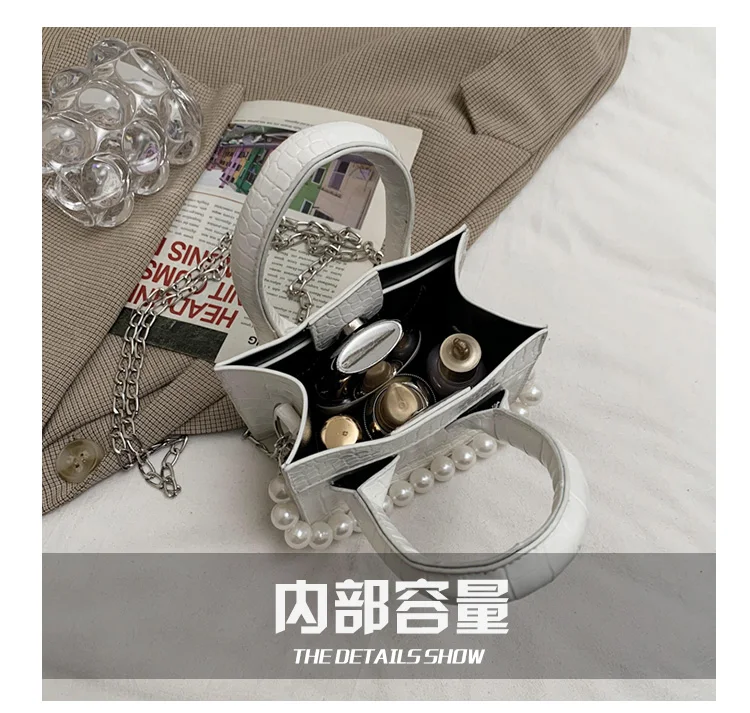 

Elegant Women Square Shoulder Bag Mini Portable Female Clutch Purse Crocodile Pattern Ladies Pearl Chain Crossbody Bags Handbags
