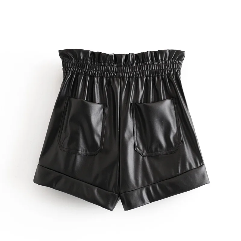 Весна-Осень 2020 модные черные женские шорты из искусственной кожи с высокой