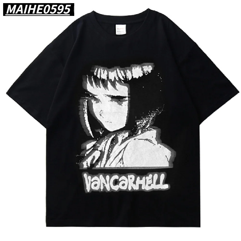 

Men Hip Hop Anime girl letter Print Tshirt Streetwear Harajuku Cotton Oversize T Shirt Summer Short Sleeve T-Shirt Black tees
