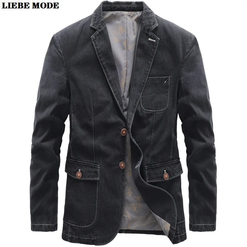 

Мужской деловой Повседневный Джинсовый блейзер с тремя карманами, мужской облегающий джинсовый костюм, куртка для мужчин, весна-осень, хлоп...