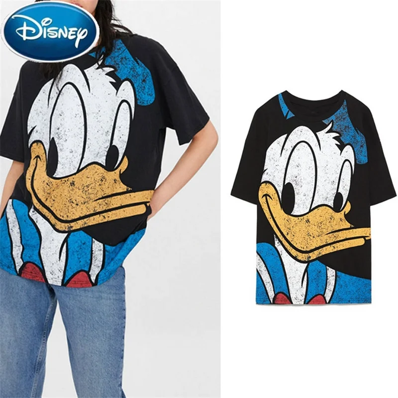 

Черная футболка Disney, пуловер с круглым вырезом и коротким рукавом, повседневная Милая женская Свободная футболка, топы с принтом, модная Мил...