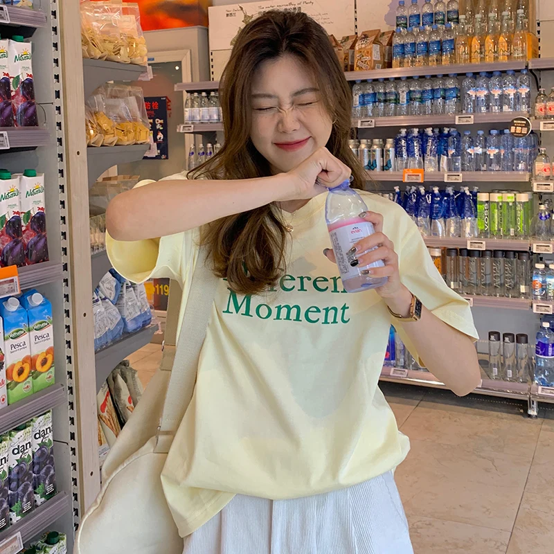 

Женская свободная футболка с коротким рукавом, повседневная универсальная зеленая футболка в стиле Харадзюку С буквенным принтом, лето 2021