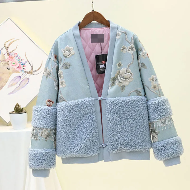 Зима 2019 модная короткая бейсбольная куртка из овечьей шерсти с вышивкой