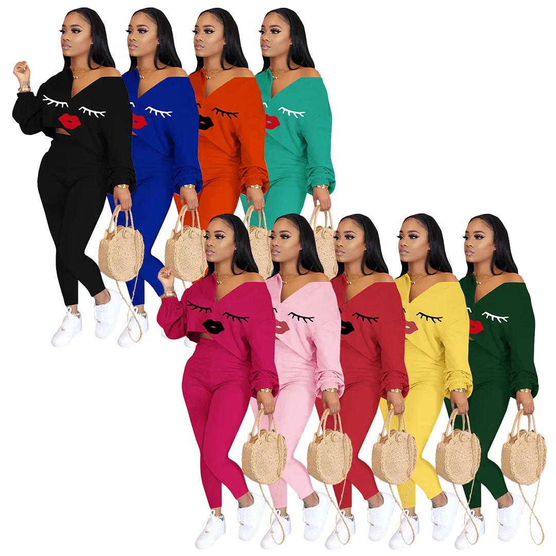 

2021 Fall New Style Women's Fashion Sexy Lips Pattern Printed Diagonal Shoulder Two-Piece Suit