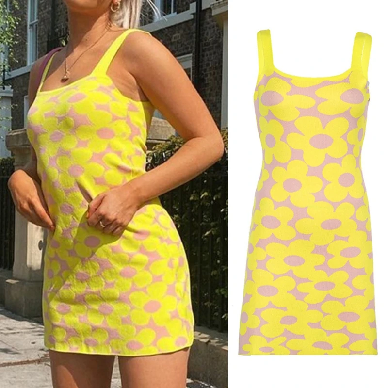 

K5DA Women Sleeveless Bright Floral High Waist Bodycon Knitted Beach Mini Tank Dress