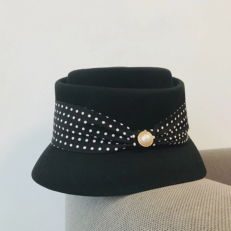 

2021New Winter Fashion Women Cloche Bucket Hat Elegant White Black Bow Ladies Fedora Hat Wool Felt Warm Church Dress Quality cap