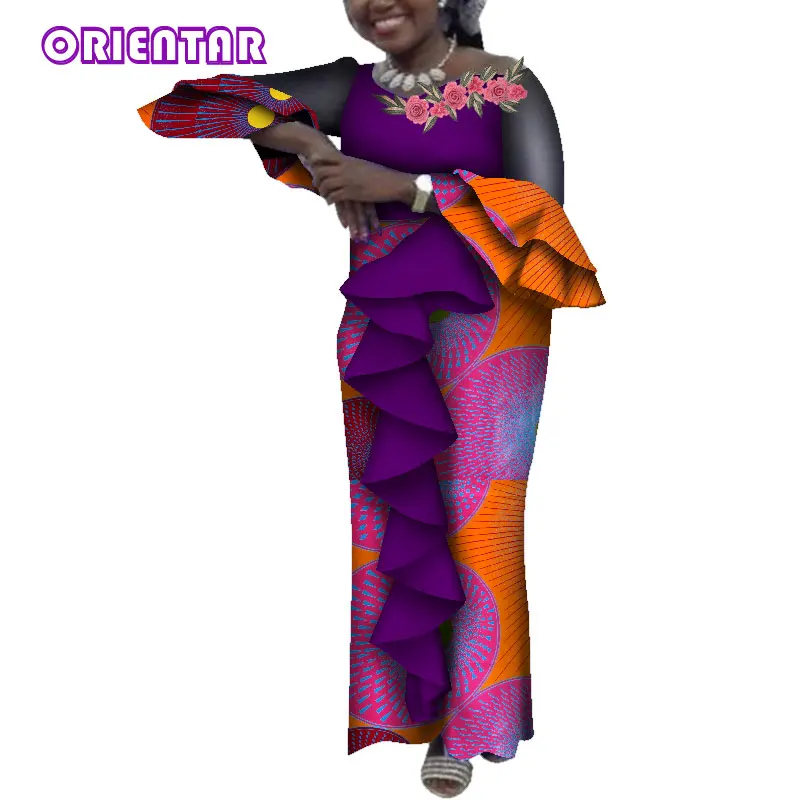 2019 Women African Dresses Flare Sleeve Pleated Decoration African Print Dresses Long Floor-Length Dress Bazin Riche WY4581