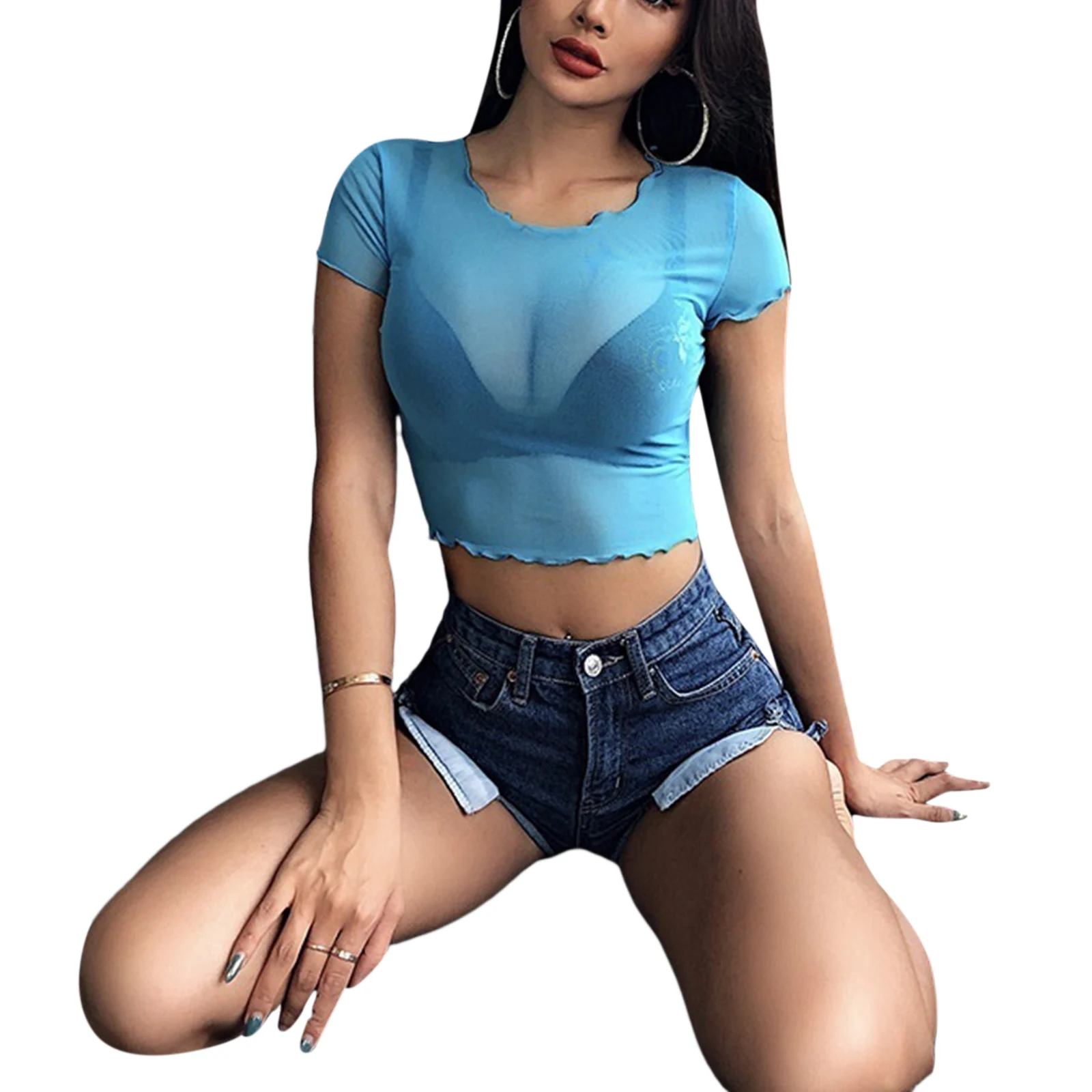 

2021 Women 's T-Shirts Summer Sexy Cop Top Adults Solid Color Short Sleeve Round Neck See-through Mesh T-shirt