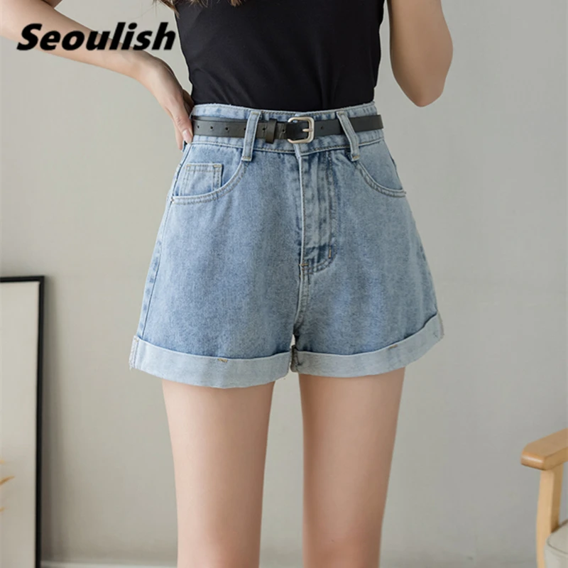 

Seoulish летние 2021 Новые повседневные джинсовые женские шорты с поясом до середины талии широкие шорты Свободные винтажные женские джинсы с ка...