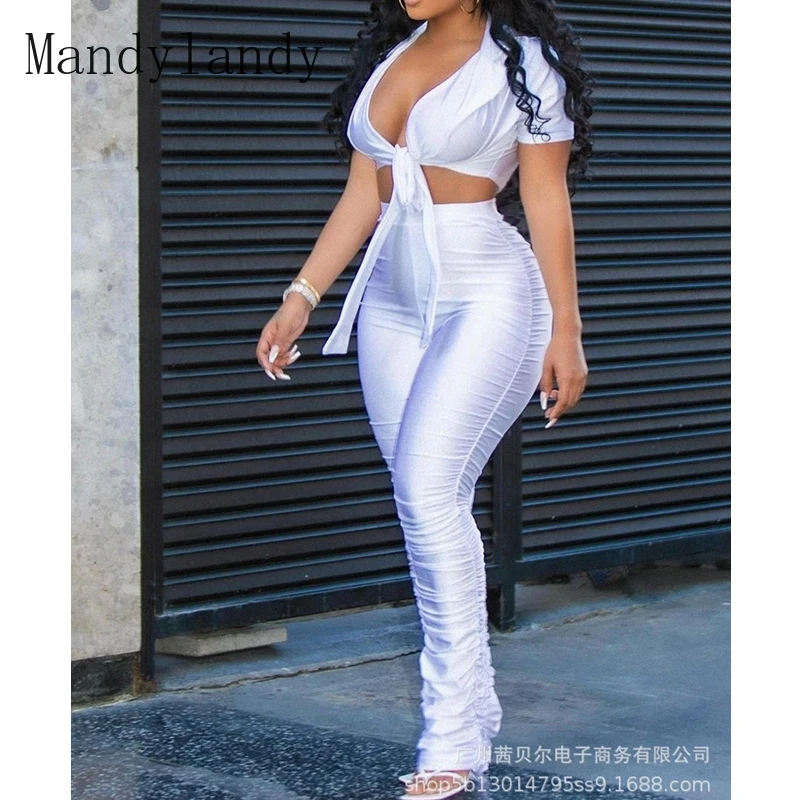 

Mandylandy Summer Sexy Short Sleeve V-neck Lace-up Top + High Waist Pleated Long Pants Suit Women's Casual Solid Color Slim Suit