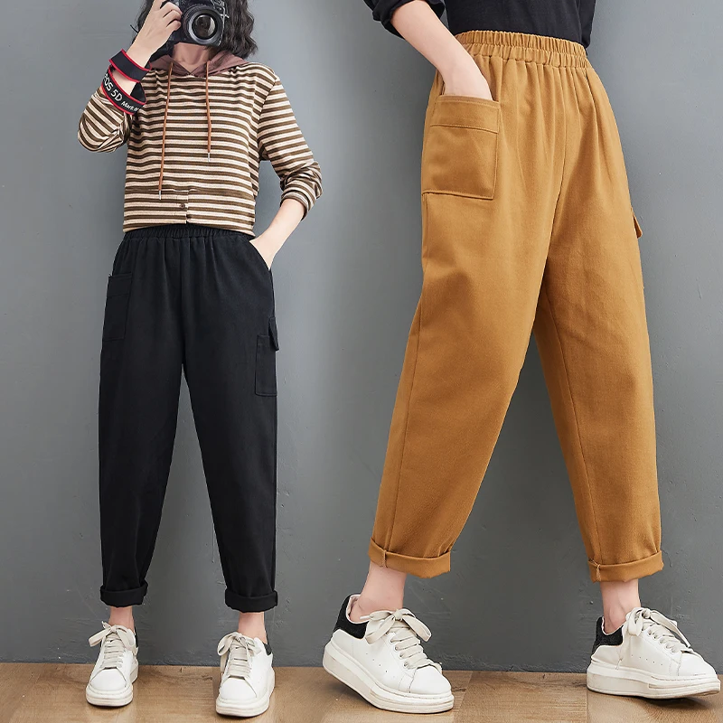 

Autumn Women’s Harem Pants Casual Simple Elastic Waist Patchwork Pocket Wide Legs Baggy Female Versatile Trousers High Waist