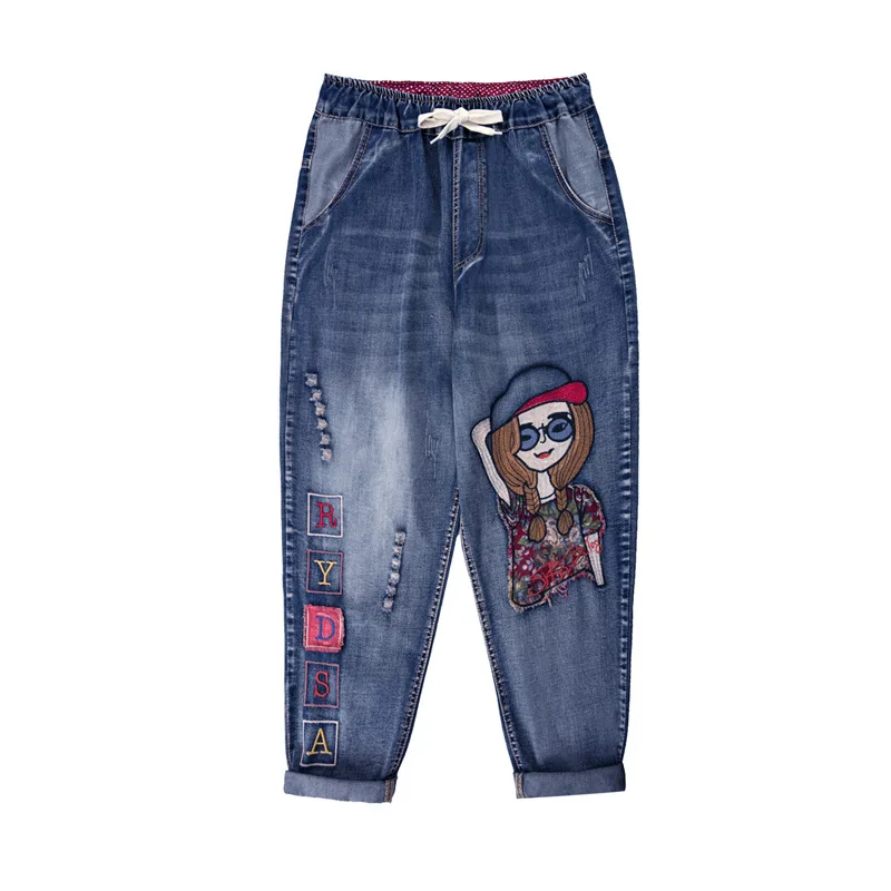 

Cartoon Gril Embroidery Jeans Women Spring Fashion Elastic Letter Patchwork High Waist Denim Harem Pants Lady Casual Trousers