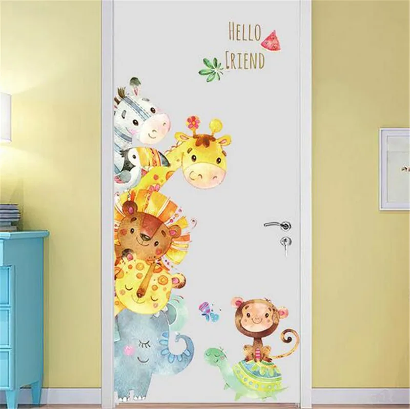 Cartoon Animals Giraffe Lion Monkey Wall Stickers Children Mural Decals for Kids Rooms Baby Bedroom Wardrobe Door Decoration | Дом и сад