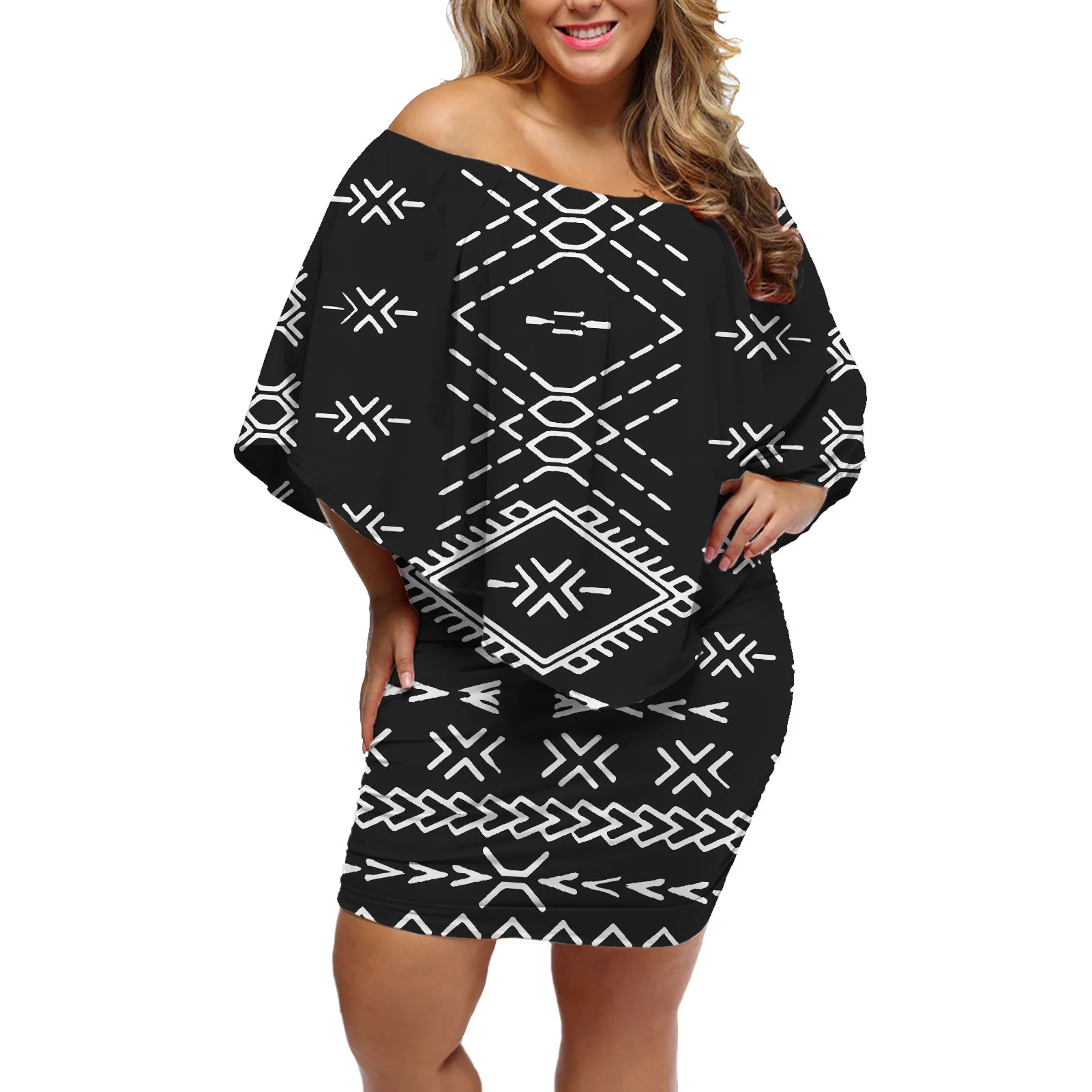 

Summer Brand New Women's Plus Size Dress Women Short Sleeve Tribal tattoo Print Polynesian Party Short Midi Bodycon Dresses