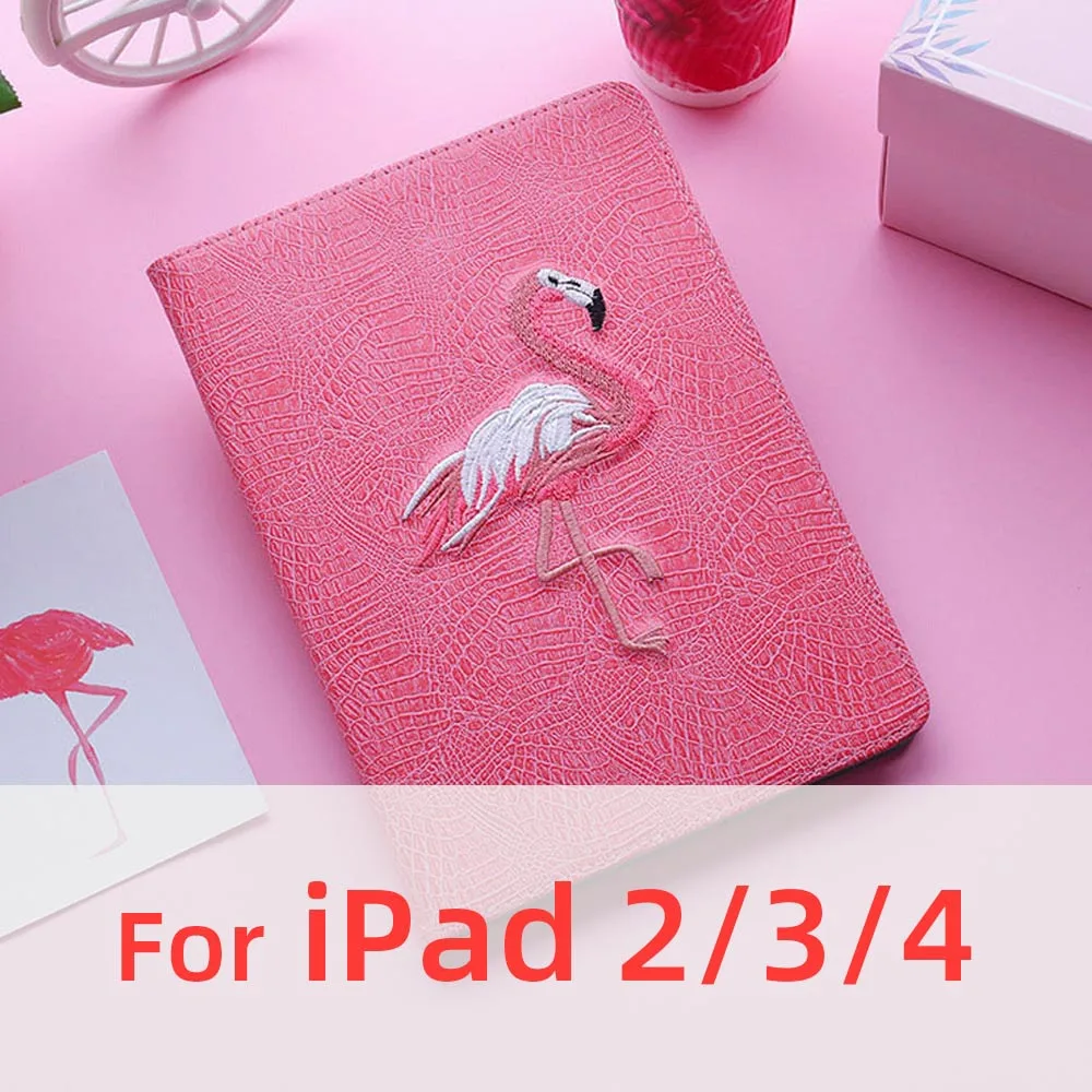 For iPad 2 3 4 3D фламинго на плоской подошве с вышивкой Чехлы для iPad Pro 10,5 IPad Air 1 2 IPad Mini 3 4 5 A1476 A1822 A1538 тонкий мягкий чехол с откидной крышкой в виде ракушки Стенд кожаный чехол - Цвет: For iPad 2 3 4