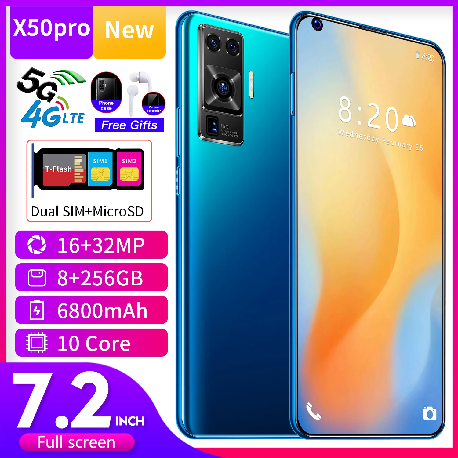 

X50 Pro 512G Global Connect 7.2-inch large screen 6800mAh dual card slot smartphone
