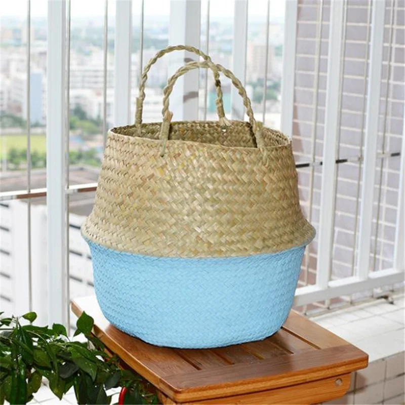 

Handmade Wicker Storage Basket Foldable Laundry Basket Straw Patchwork Wicker Rattan Seagrass Belly Garden Planter Flower Pot