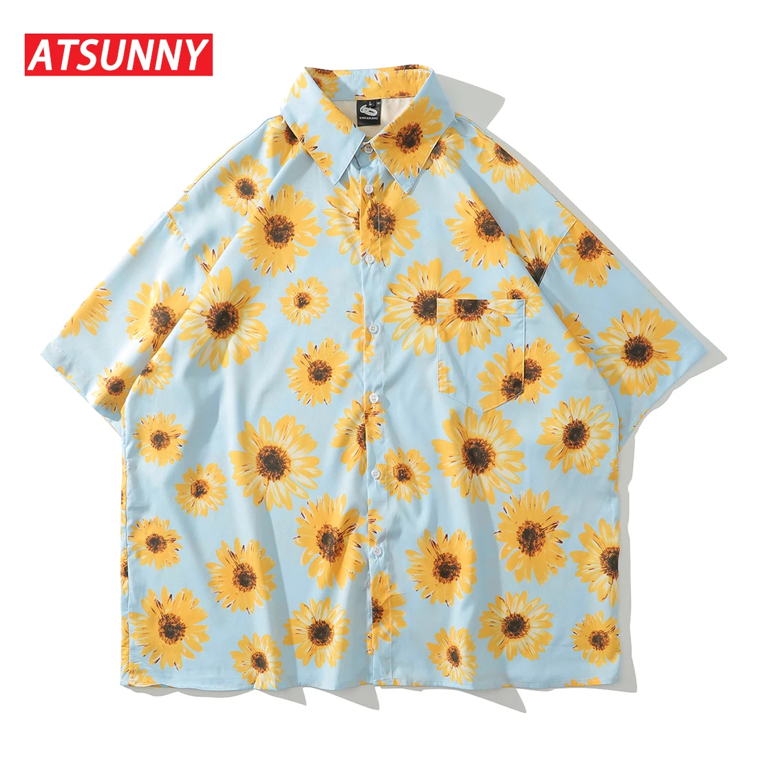 ATSUNNY Sunflower Print Short Sleeve Shirt HipHop Streetwear Casual Shirt Man Summer Fashion Hawaiian Shirts Tops