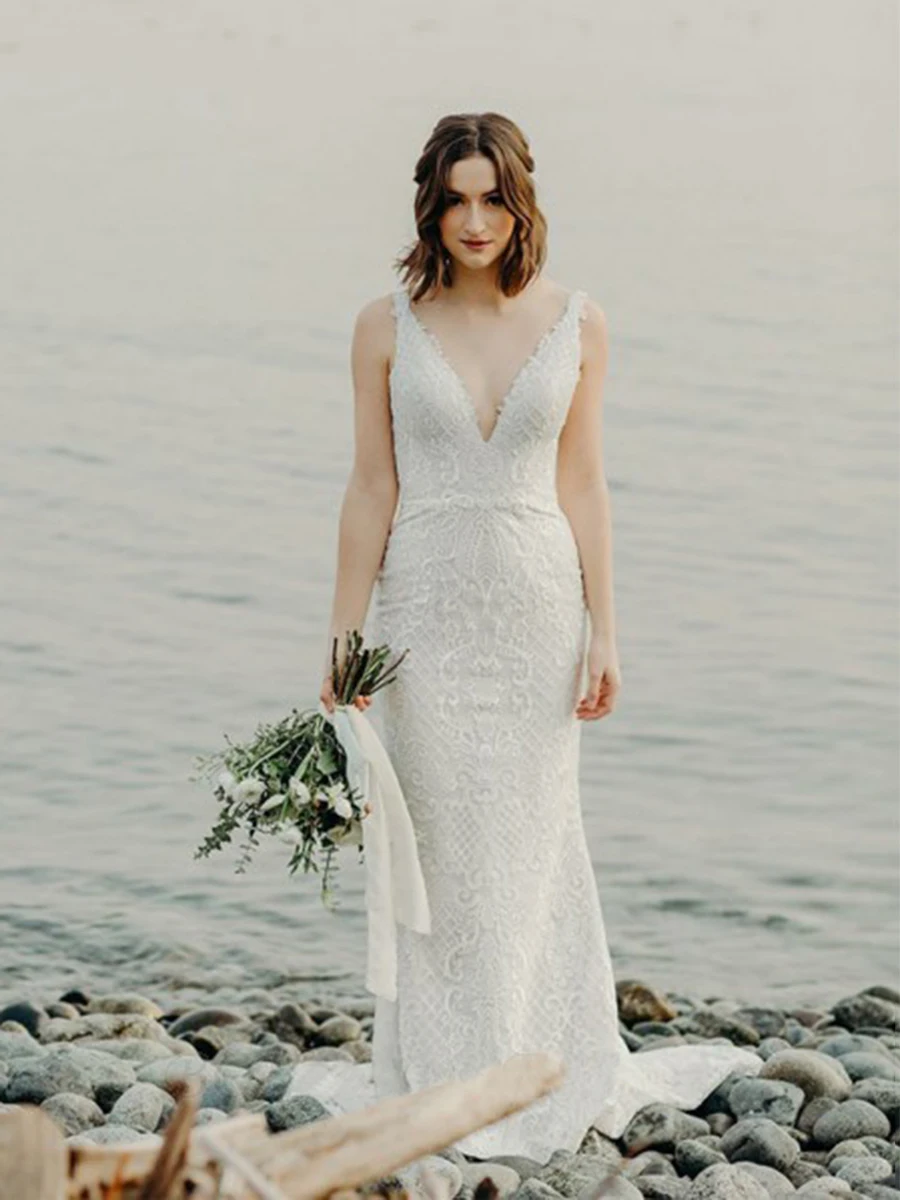 

Dressv свадебное вечернее платье Кружева колонна развертки поезд длиной до пола сексуальный v-образный вырез без рукавов с аппликацией Свадеб...