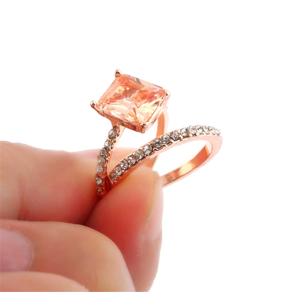 2/pcs Set Rose Gold Silver White Champagne Crystal Wedding Engagement Rings For Women Cubic Zirconia Elegant Ring | Украшения и