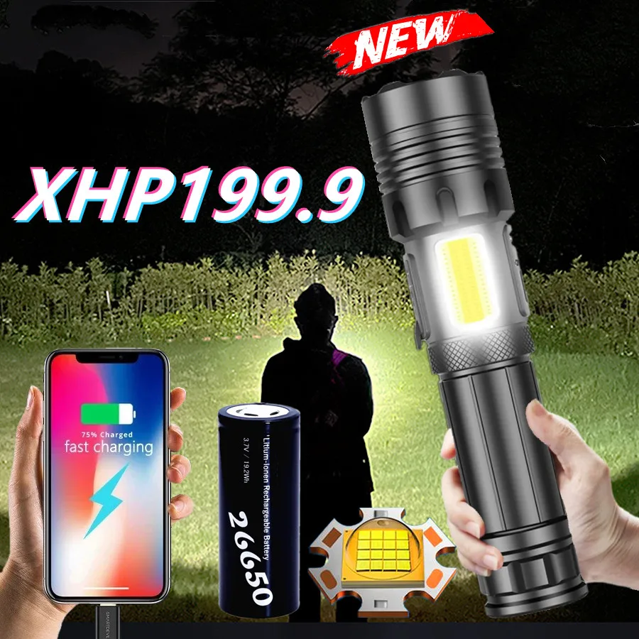 

Оригинальный светодиодный COB-фонарик XHP199.9, мощные перезаряжаемые тактические фонарики, масштабирование IPX7, водонепроницаемое уличное осве...