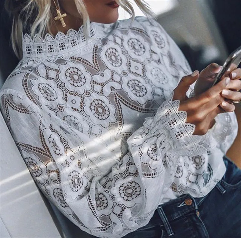 

2020 Women Floral Lace Blouses Boho Long Sleeve White Tops Ladies Hollow Out Shirts Elegant Blouse Streetwear