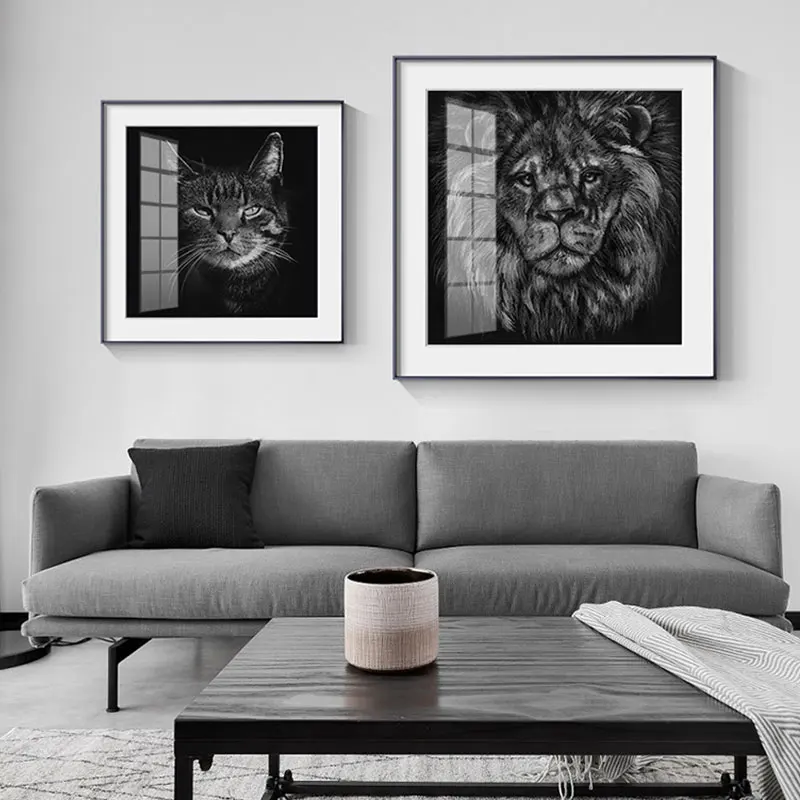 Вдохновляющие картины Лев кот обезьяна холст искусство на черном фоне