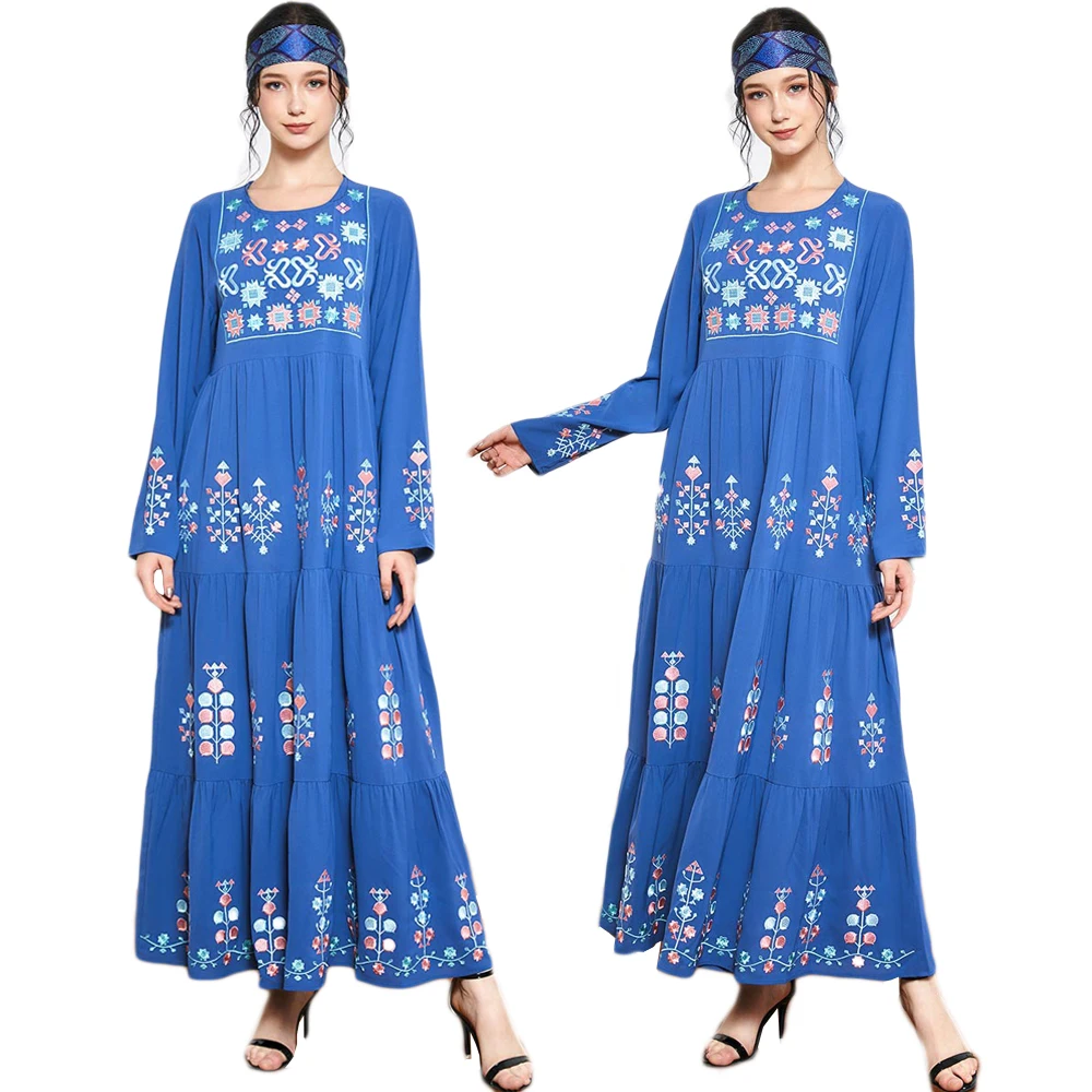 

Ramadan Muslim Women Embroidery Long Dress Arab Kaftan Ethnic Abaya O-neck Draped Maxi Robe Islamic Malaysia Turkish Gown