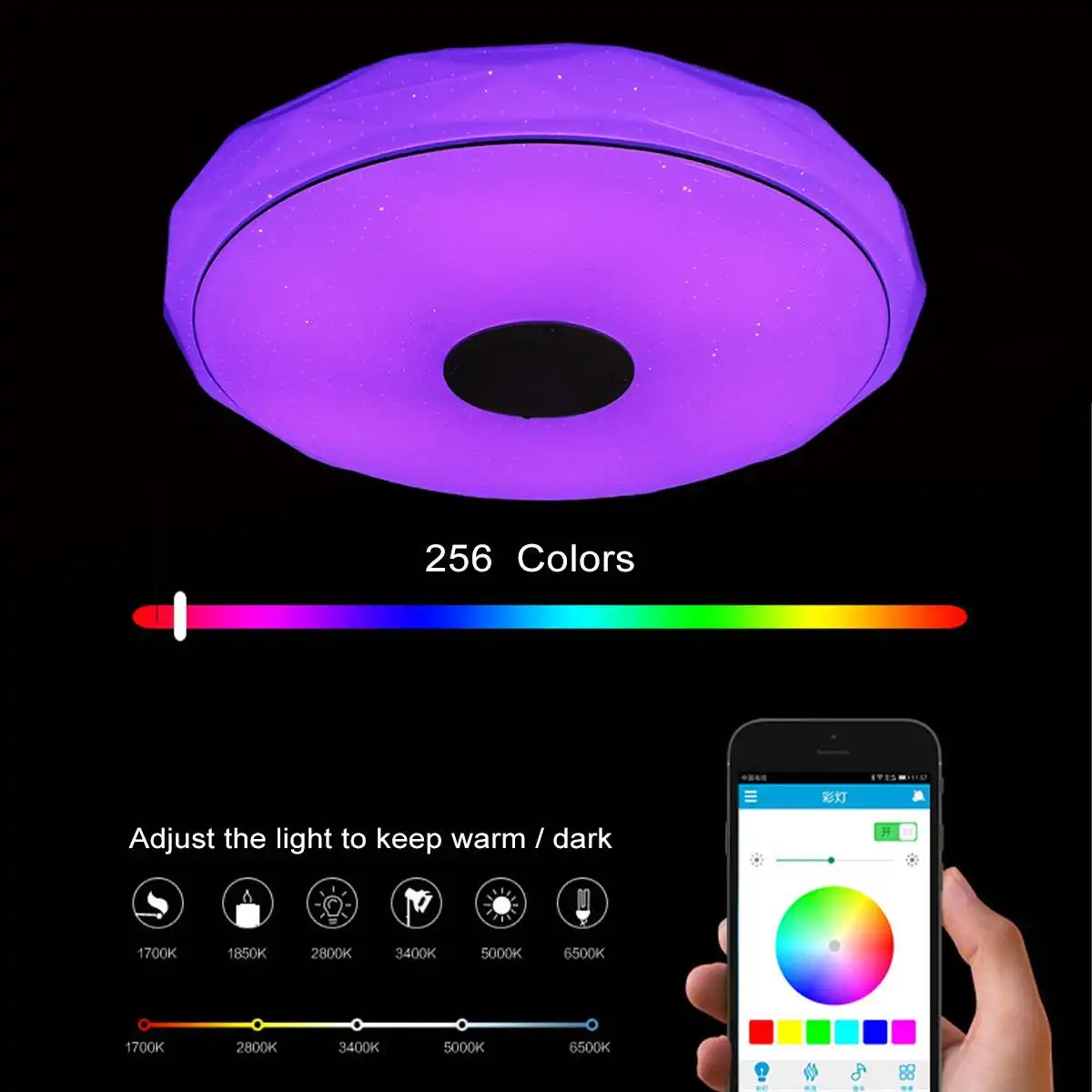 Lámpara de techo LED RGB para música, altavoz con bluetooth, 36W/72W, para fiesta en casa, dormitorio, 170-265V, mando a distancia, regulable + aplicación, luz colorida inteligente
