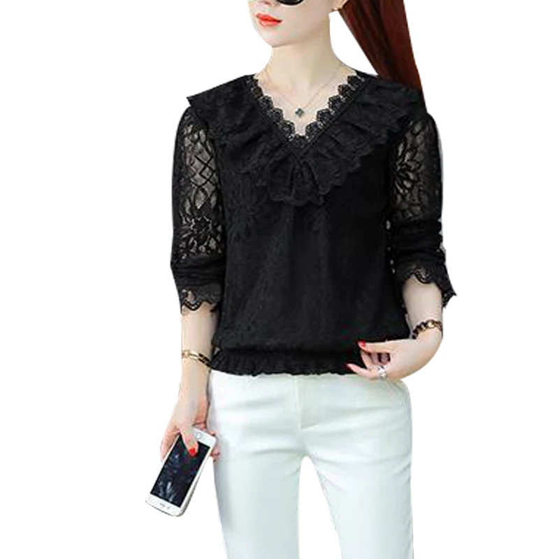 

Women'S Spring Autumn Style Chiffon Blouses Shirt Women'S Solid Color Hollow Out V-Neck Lace Elegant Top SP788